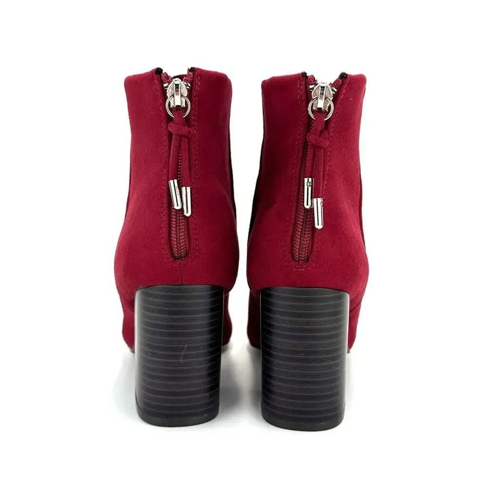 Journee Collection Red Block Heel Ankle Boot Size 7.5 Faux Suede Round Toe New